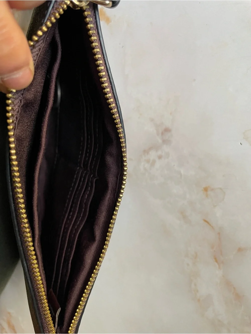Coach Dark Brown Floral Leather Wristlet with Gold Logo